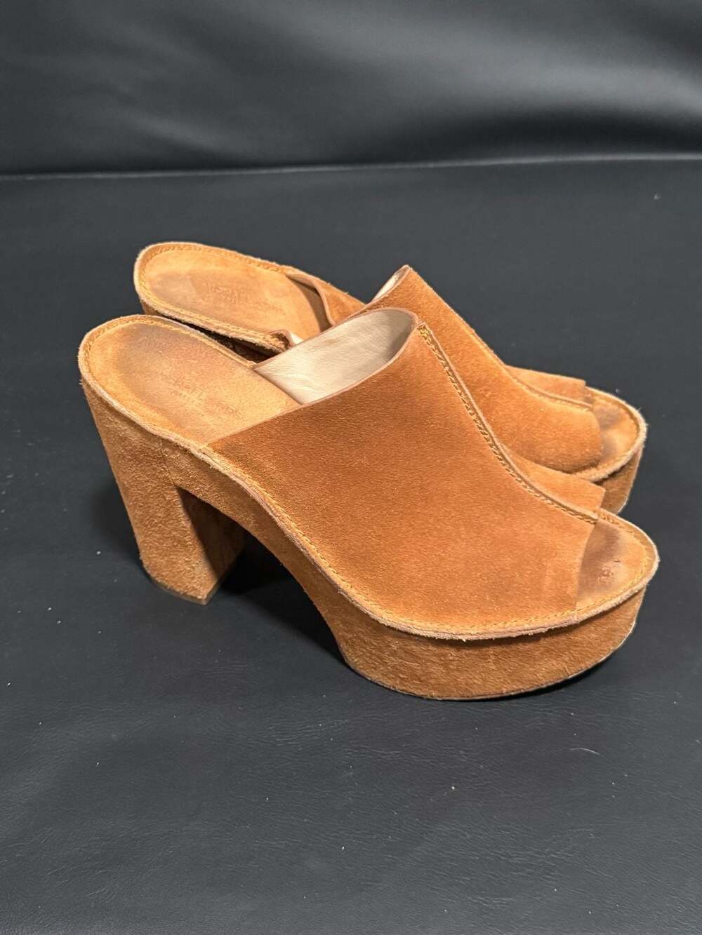 Michael Kors Suede Platform Mules Cognac Brown Chunky Heel 7.5